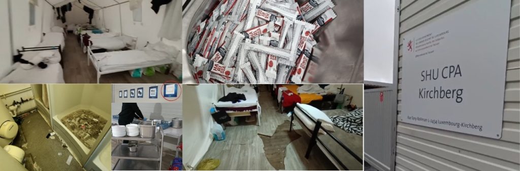 Inside the SHU CPA Kirchberg facility, several areas show signs of deterioration, including flooded bathroom floors, broken shower curtains, torn tent flooring, and a food hall lacking the trays indicated in posted instructions. Photo © HELVILUX.