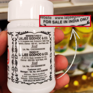 Die Mischung Asafoetida von Laljee Godhu & Co. ist deutlich mit „Nur für den Verkauf in Indien“ gekennzeichnet – wie landet sie also in den Regalen indischer Lebensmittelgeschäfte in Luxemburg? Foto © HELVILUX