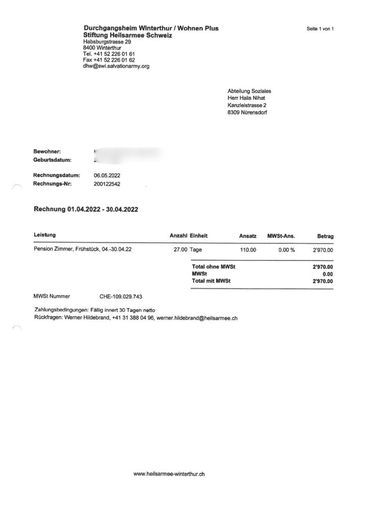 The resident’s temporary placement in the Winterthur Heilsarmee shelter cost Nurensdorf taxpayers roughly 2,900 CHF for a month of accommodation — raising questions about how such decisions are made and whether taxpayer resources are being used responsibly. Click on link to see the receipts. Invoice 1 Invoice 2