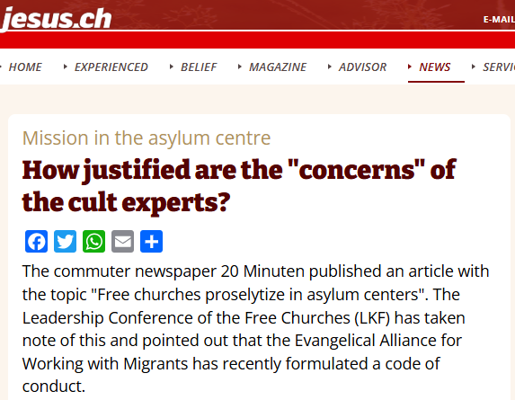 The article in 20 Minuten is based on a blog by journalist Hugo Stamm and Regina Spiess, an employee of Infosekta. However, the accusations that free churches would proselytize in asylum accommodations are very sweeping. For example, language courses or game afternoons for children, which are carried out by free churches, are mentioned. But are these already missionary activities?

As an example of a missionary "free church", Hugo Stamm piquantly cites the Jehovah's Witnesses. Spiess insinuates that the Free Churches unfortunately "always have the idea of mission associated with such activities". The free churches are problematic for them, for example, because of "their rigid sexual morality".

Sign a muzzle?
Due to the sweeping accusations and suspicions, the asylum organization AOZ, which looks after shelters for refugees in the canton of Zurich, has written to free churches in the Zurich area and asked them to sign a declaration that they have no missionary intentions. Among others, the ICF.

For ICF spokesman Nicolas Legler, this is an affront, as he tells the commuter newspaper. "I find it very worrying when in a Christian country you have to hand over your convictions at the cloakroom so that you can help." When ICF visitors get involved in asylum centres, they do so out of humanitarian drive and charity. "There is no hidden strategy behind this. It's about spending time with the refugees and giving them the feeling that they are welcome here." It is still unclear whether ICF will sign the agreement.

Code of Conduct for Migration Facilitators
And probably also unnecessary, as the Evangelical Alliance has published a code of conduct for migration companions (MB), in which it defines rules of conduct. It states, for example: "The MB enjoy and respect freedom of expression, conscience and religion. They work in a way that does not require religious duties from the beneficiaries. The MB exclude any form of coercion and manipulation."

Max Schläpfer, president of the Free Church Association VFG, is quoted by 20 Minuten as saying: "We don't manipulate anyone. People should listen and then decide for themselves whether they like our message." No person who has a firm other faith will simply throw it overboard. "On the other hand, there are many migrants who come from similar religious backgrounds and find a piece of home in our services."

Comment
It would be desirable to have a discussion in society as to whether it is desirable for the sake of integration that refugees should also be religiously integrated, which may be associated with a change of religion under certain circumstances. Especially when refugees find a connection to a church – which is often a migrant church – this can be helpful for their integration. The aforementioned scaremongering in the media by people critical of religion must be questioned just as critically. Above all, it takes more than just blanket suspicions when free churches are accused of mission. It is also necessary to ask about the concept of mission and the outdated ideas behind it. In any case, blanket suspicions against those who shake hands with refugees is not a contribution to integration.