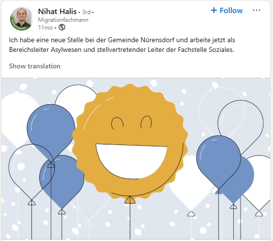 Nihat Halis announces in LinkedIn his new roles in the Asylum and Social Welfare Departments of Gemeinde Nürensdorf.