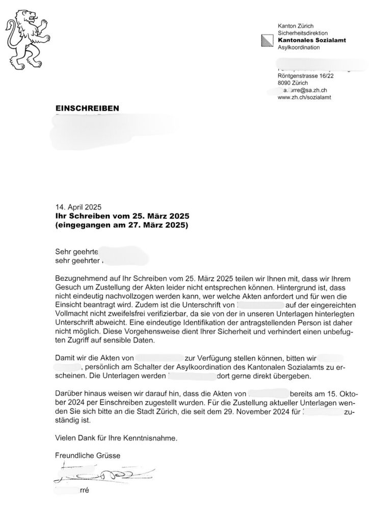 The response from Social welfare office of the canton of zurich. Click link to read the copies. Letter 1. Letter 2.